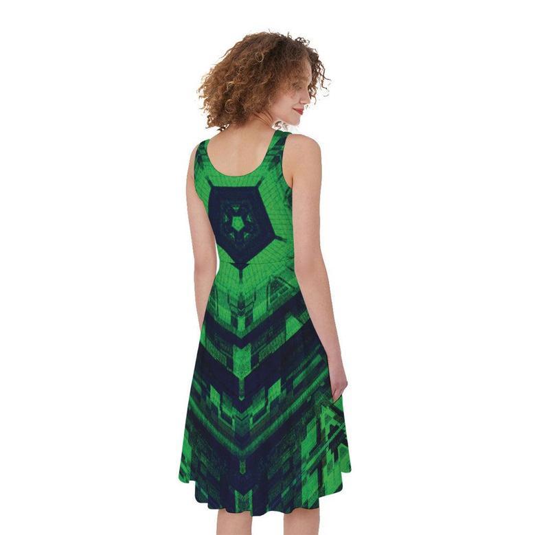 Dark Green Kaleidoscope Print Sleeveless Knee Length Dress