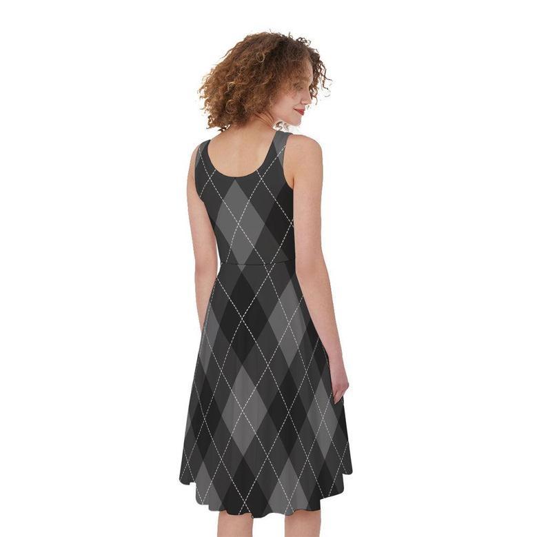 Dark Grey Argyle Pattern Print Sleeveless Knee Length Dress