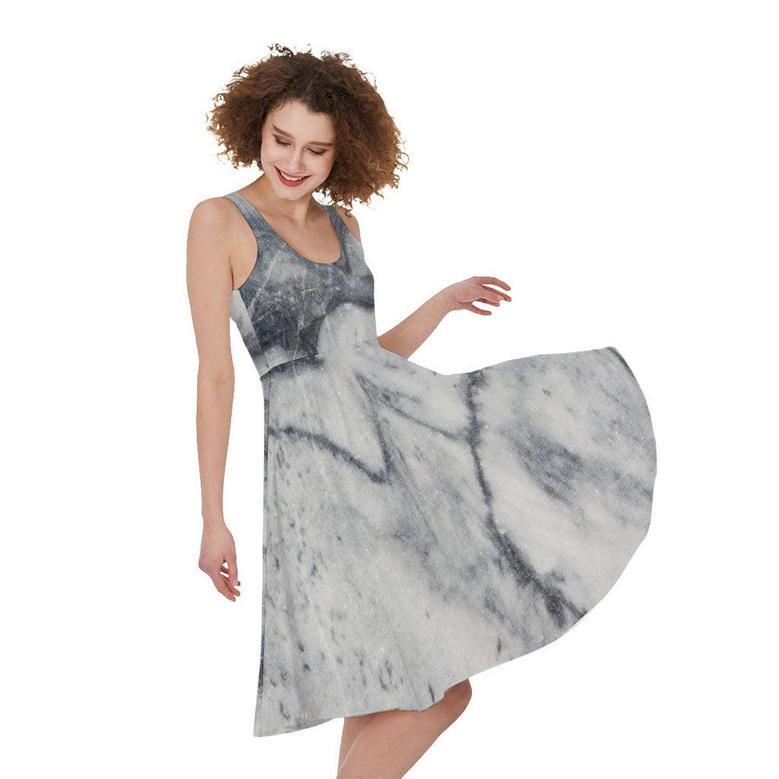 Dark Grey White Marble Print Sleeveless Knee Length Dress