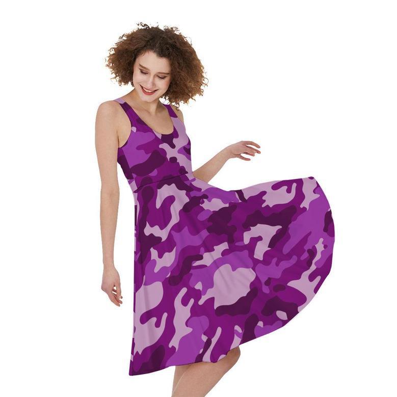 Dark Purple Camouflage Print Sleeveless Knee Length Dress