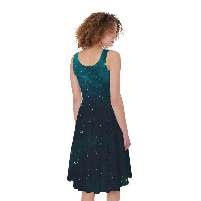 Dark Teal Galaxy Space Print Sleeveless Knee Length Dress