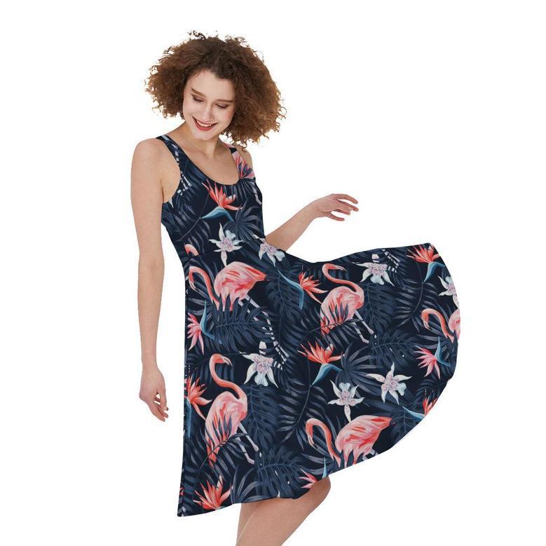 Dark Tropical Flamingo Pattern Print Sleeveless Knee Length Dress