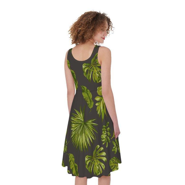 Dark Tropical Leaf Pattern Print Sleeveless Knee Length Dress