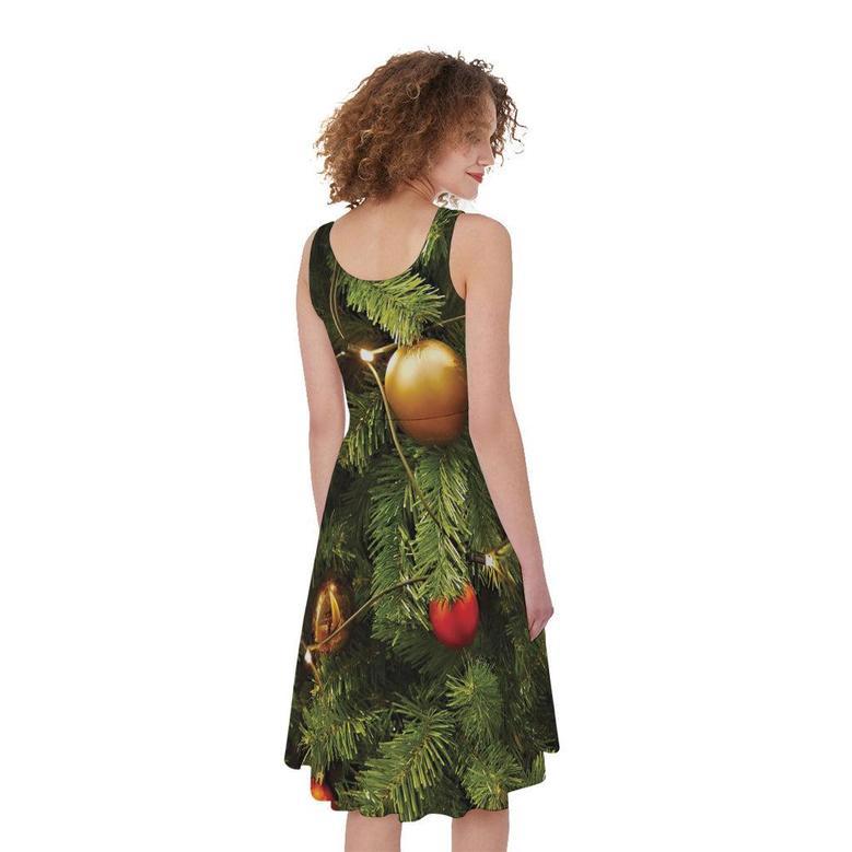 Decorated Christmas Tree Print Sleeveless Knee Length Dress