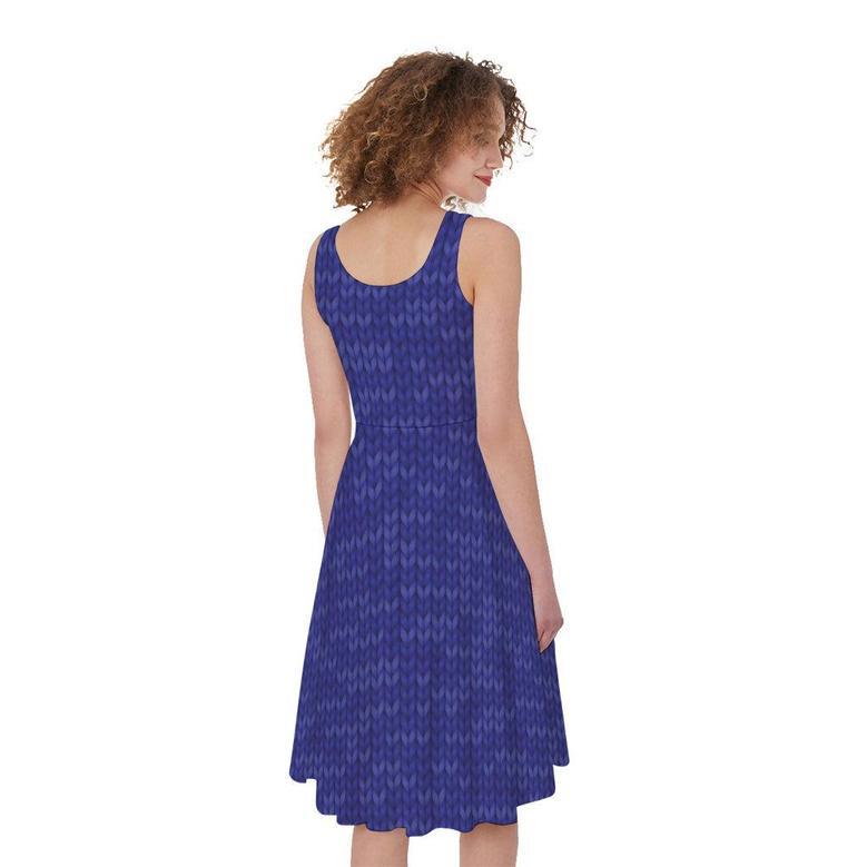 Deep Blue Knitted Pattern Print Sleeveless Knee Length Dress