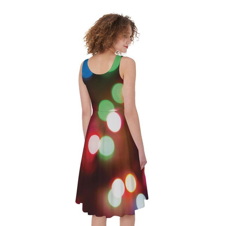 Defocused Christmas Lights Print Sleeveless Knee Length Dress