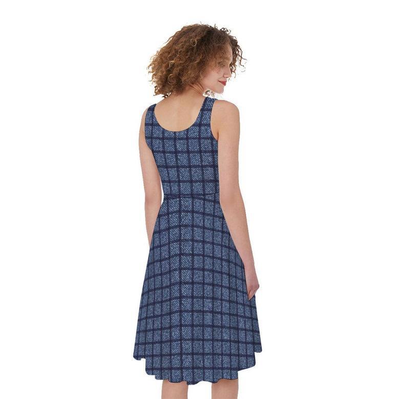 Denim Windowpane Pattern Print Sleeveless Knee Length Dress