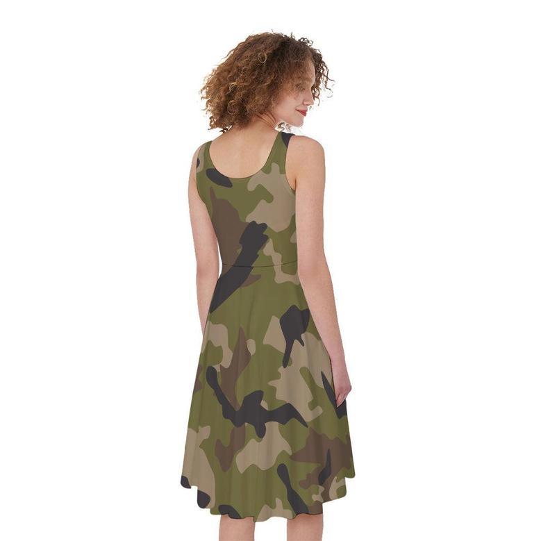 Desert Green Camouflage Print Sleeveless Knee Length Dress