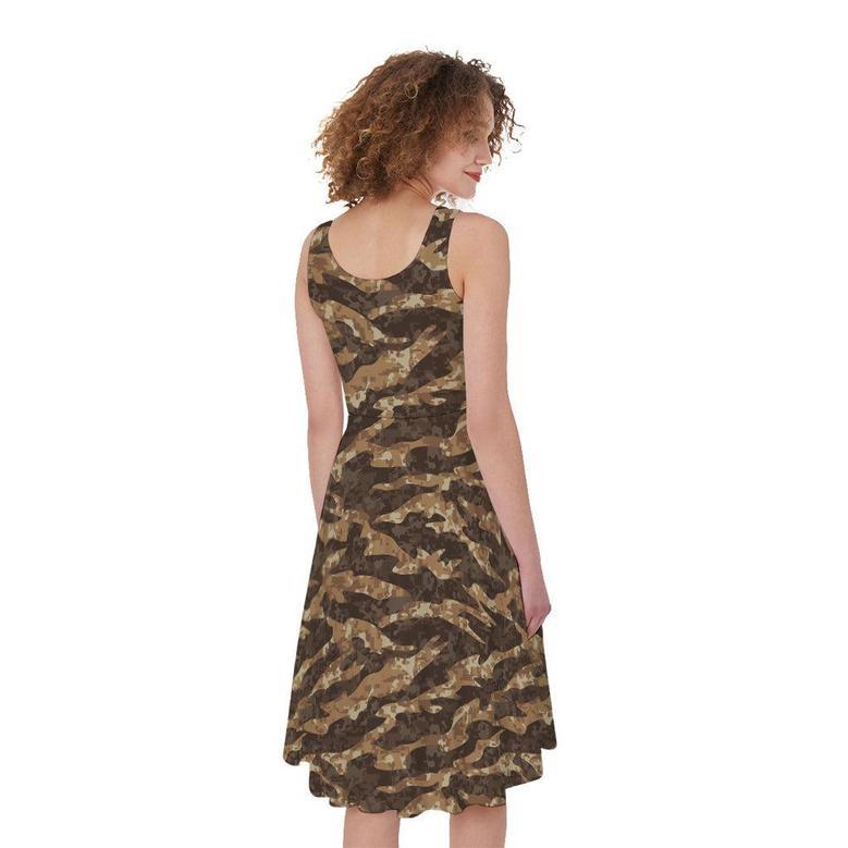 Desert Tiger Stripe Camouflage Print Sleeveless Knee Length Dress