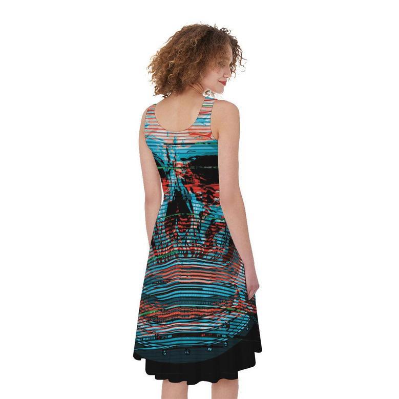 Digital Glitch Astronaut Skull Print Sleeveless Knee Length Dress