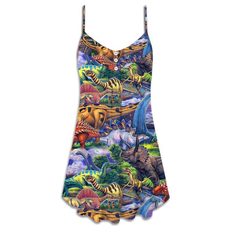 Dinosaur Art Coloful Style - V-Neck Sleeveless Cami Dress