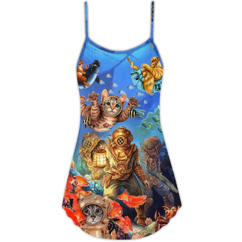 Diving Cat Under The Sea Art Style - V-Neck Sleeveless Cami Dress