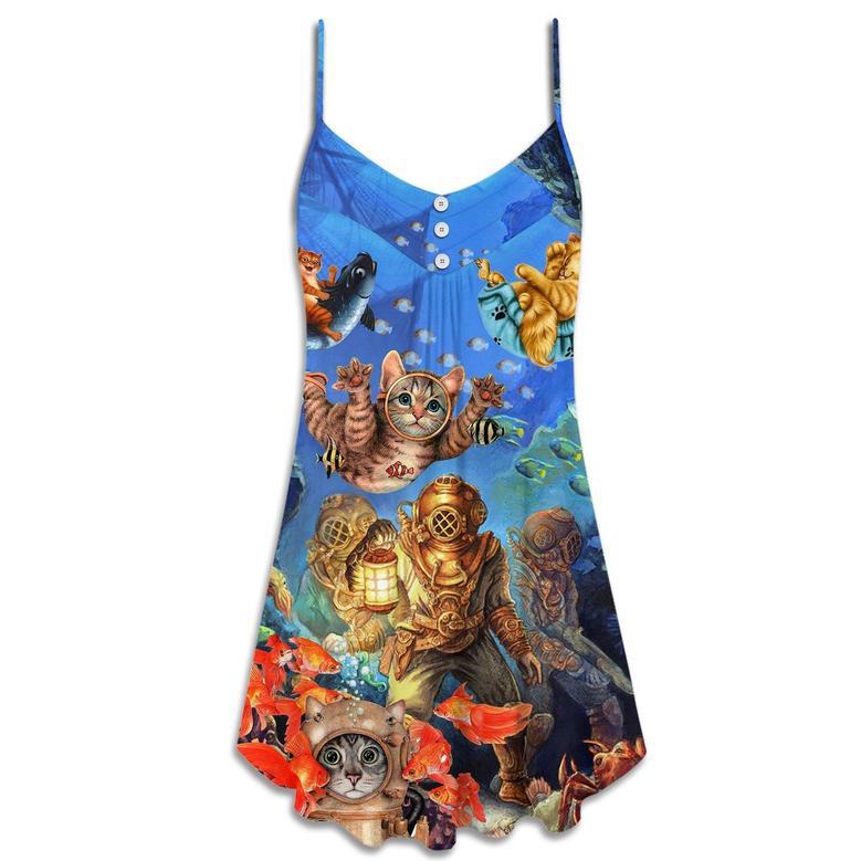 Diving Cat Under The Sea Art Style - V-Neck Sleeveless Cami Dress