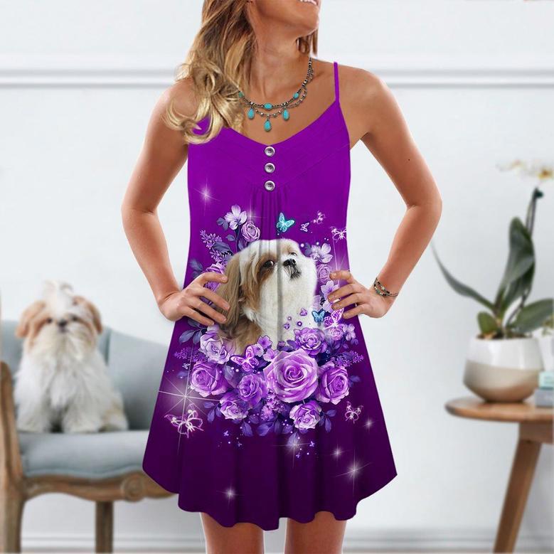 Dog And Purple Rose Butterfly Shih Tzu - Summer Dress