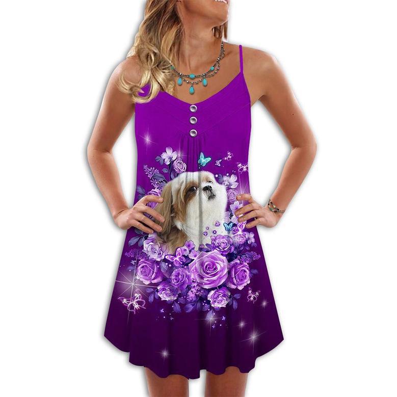 Dog And Purple Rose Butterfly Shih Tzu - Summer Dress