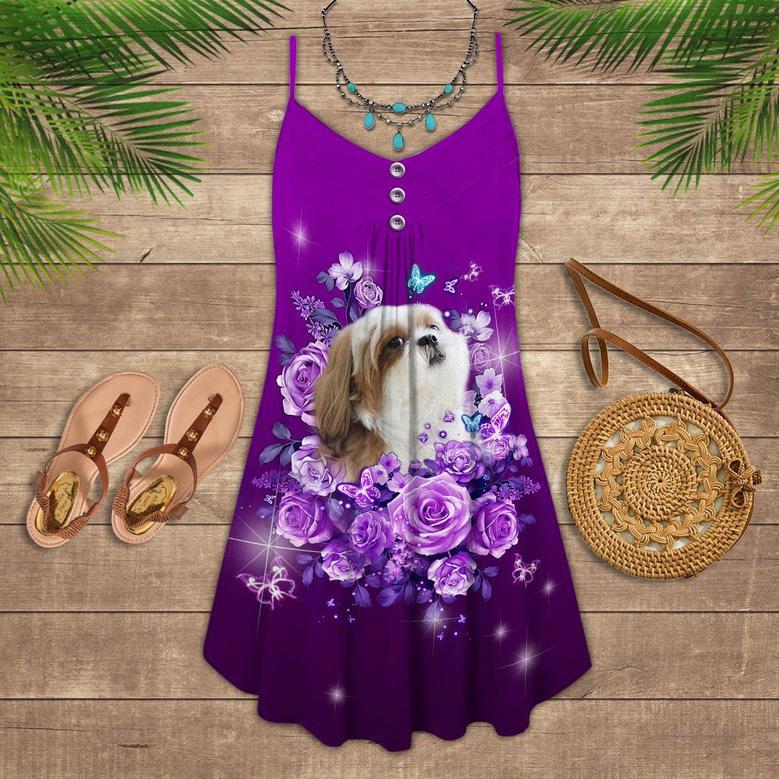 Dog And Purple Rose Butterfly Shih Tzu - Summer Dress