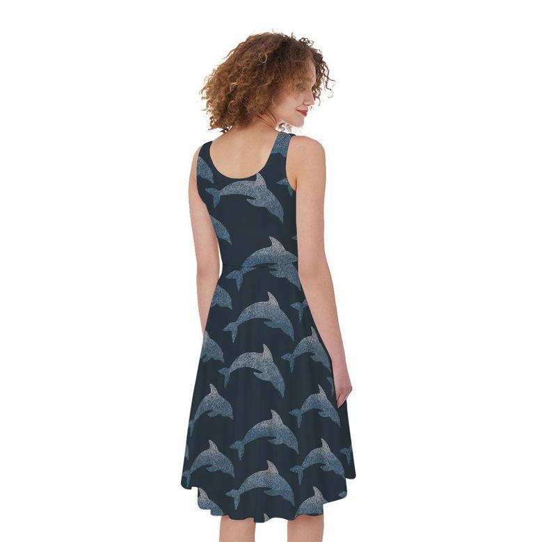 Dolphin Dot Pattern Print Sleeveless Knee Length Dress