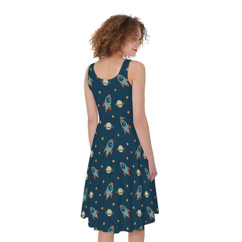 Doodle Rocket Pattern Print Sleeveless Knee Length Dress