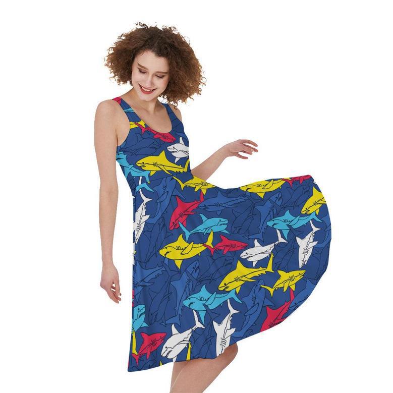 Doodle Shark Pattern Print Sleeveless Knee Length Dress