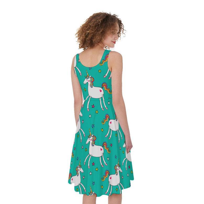 Doodle Unicorn Pattern Print Sleeveless Knee Length Dress