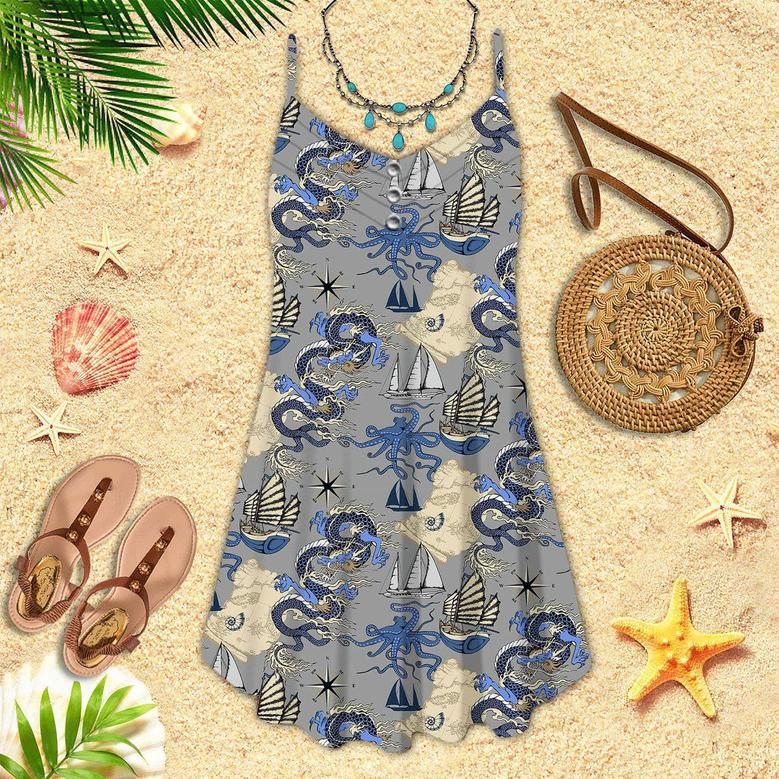 Dragon And Octopus Sea Voyages Seamless Spaghetti Strap Summer Dress