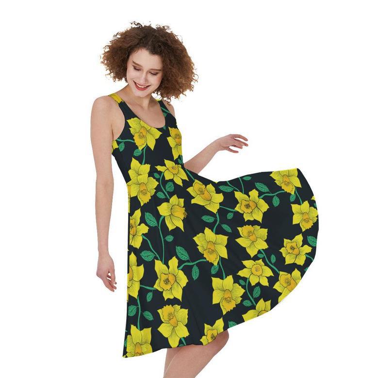 Drawing Daffodil Flower Pattern Print Sleeveless Knee Length Dress