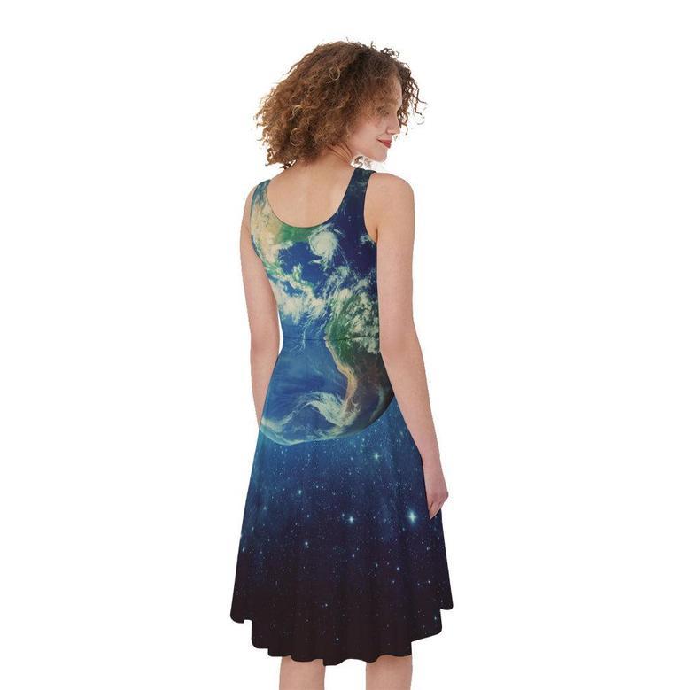 Earth And Space Print Sleeveless Knee Length Dress