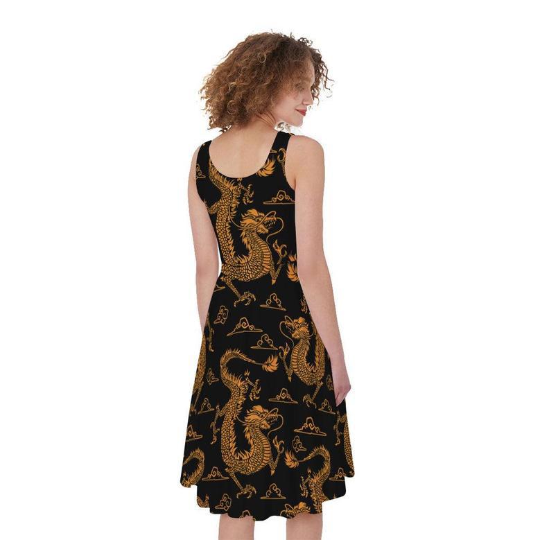 Eastern Dragon Pattern Print Sleeveless Knee Length Dress