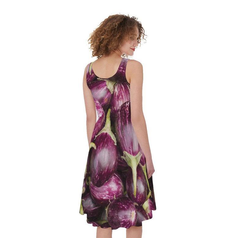 Eggplant Print Sleeveless Knee Length Dress