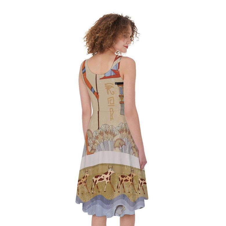 Egyptian Gods And Pharaohs Print Sleeveless Knee Length Dress