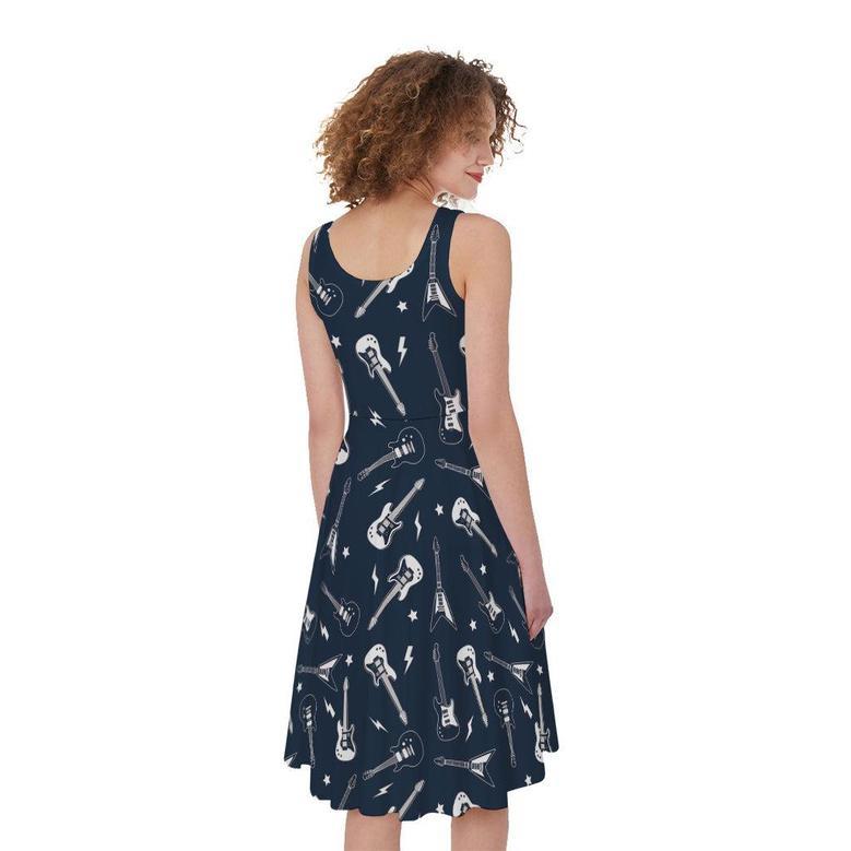 Electric Guitar Pattern Print Sleeveless Knee Length Dress