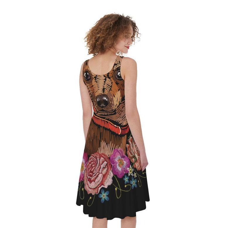 Embroidery Chihuahua And Flower Print Sleeveless Knee Length Dress