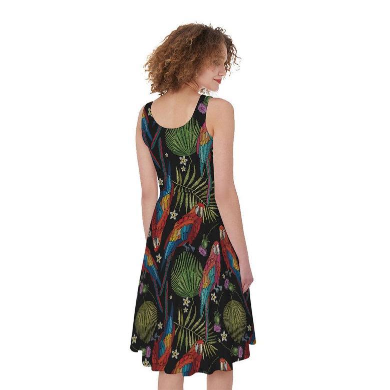 Embroidery Parrot Pattern Print Sleeveless Knee Length Dress