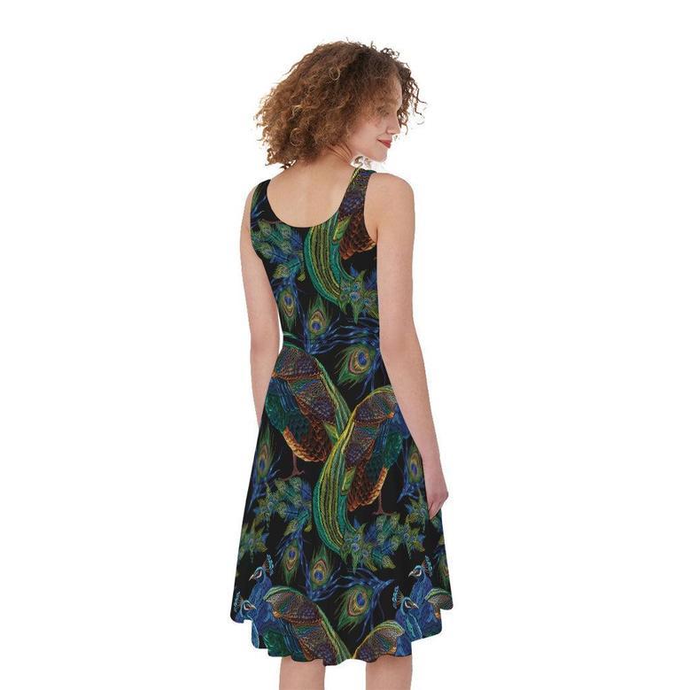 Embroidery Peacock Pattern Print Sleeveless Knee Length Dress