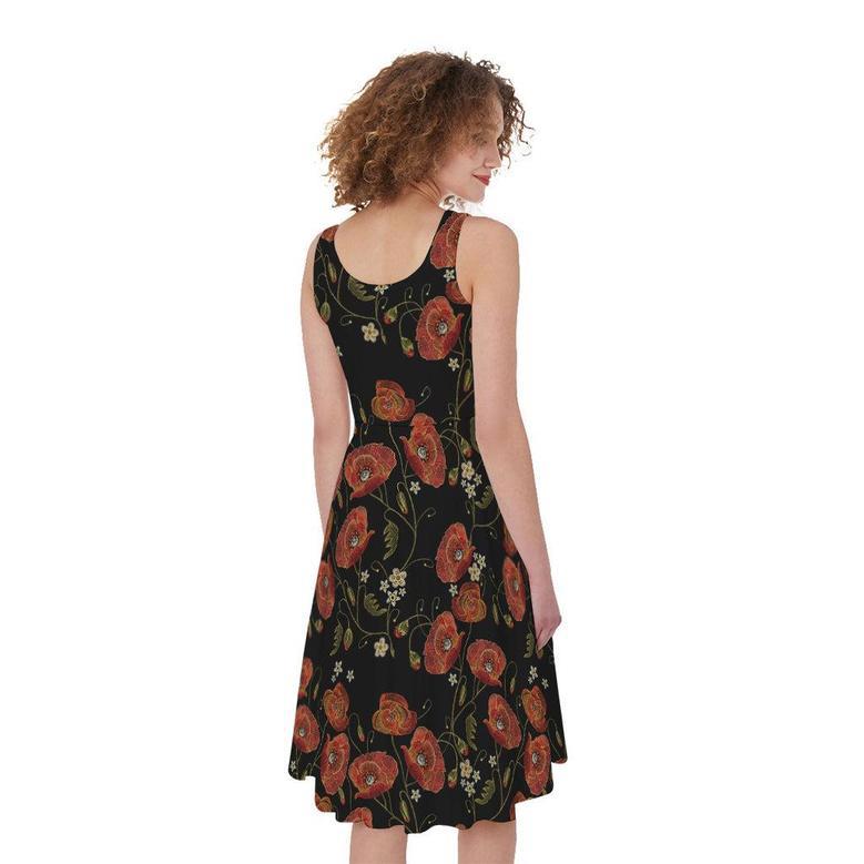 Embroidery Poppy Pattern Print Sleeveless Knee Length Dress