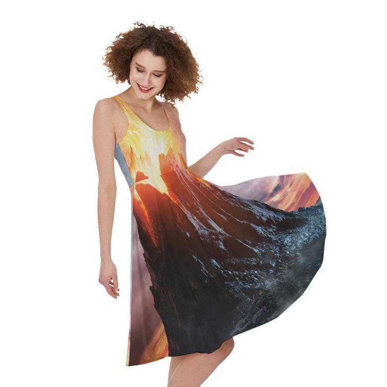 Erupting Volcano Print Sleeveless Knee Length Dress