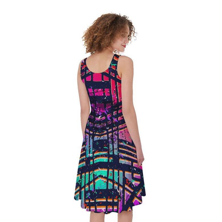 Ethnic Aztec Grunge Trippy Print Sleeveless Knee Length Dress