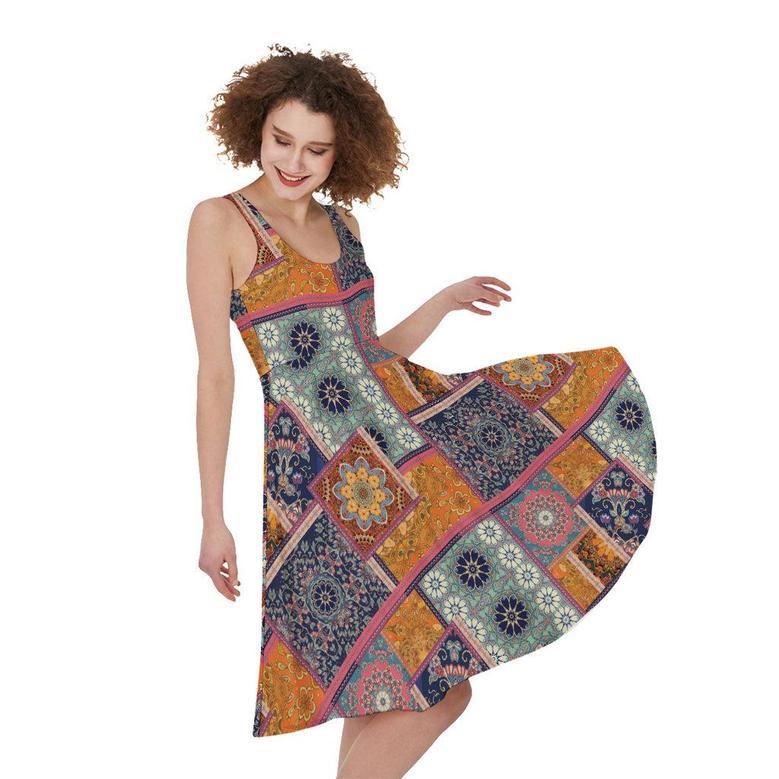 Ethnic Floral Patchwork Pattern Print Sleeveless Knee Length Dress