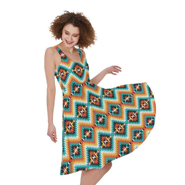 Ethnic Native American Pattern Print Sleeveless Knee Length Dress