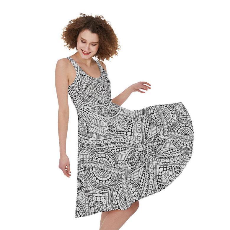 Ethnic Zentangle Pattern Print Sleeveless Knee Length Dress