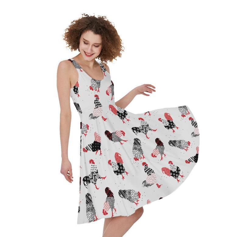 Exotic Chicken Pattern Print Sleeveless Knee Length Dress