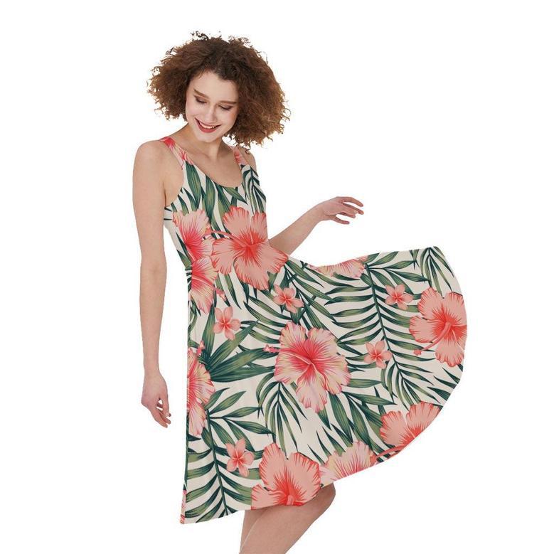 Exotic Tropical Hibiscus Pattern Print Sleeveless Knee Length Dress