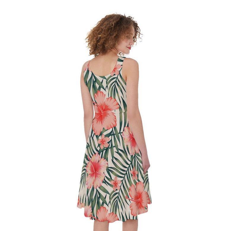 Exotic Tropical Hibiscus Pattern Print Sleeveless Knee Length Dress