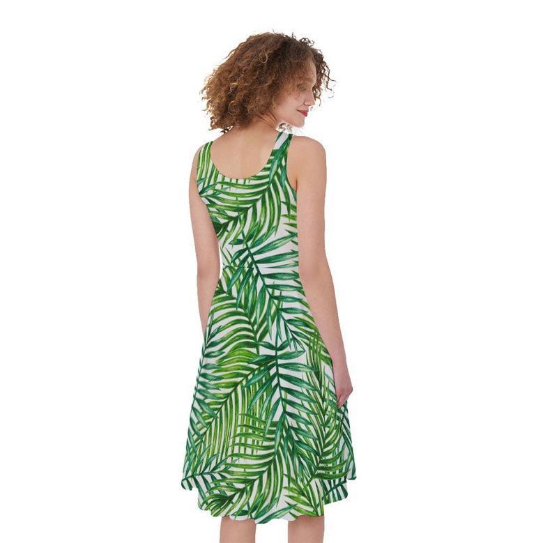 Exotic Tropical Leaf Pattern Print Sleeveless Knee Length Dress