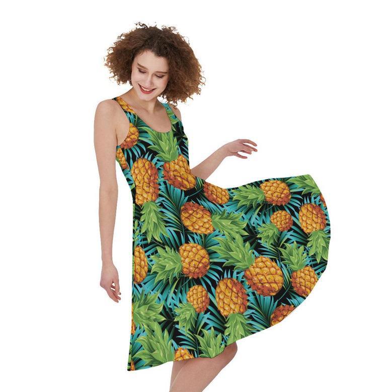 Exotic Tropical Pineapple Pattern Print Sleeveless Knee Length Dress