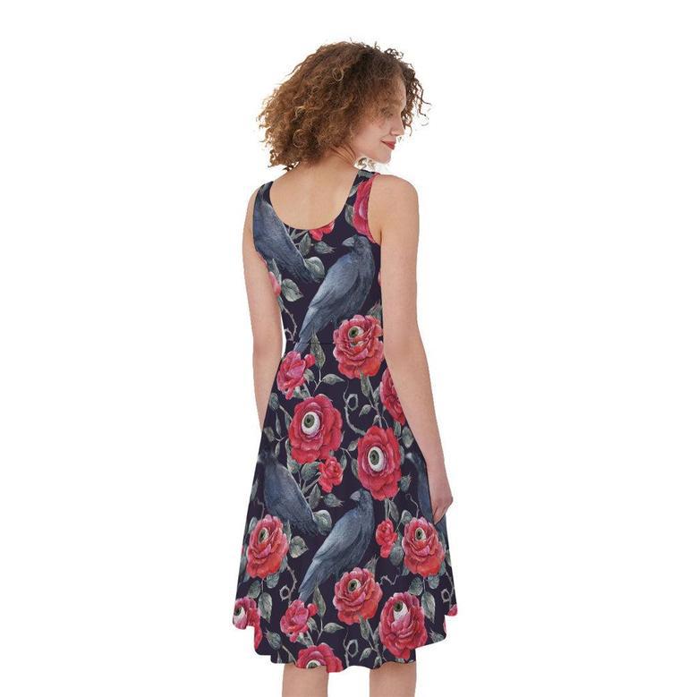 Eyeball Rose Pattern Print Sleeveless Knee Length Dress