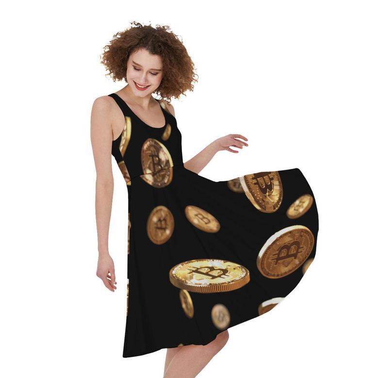 Falling Bitcoin Print Sleeveless Knee Length Dress