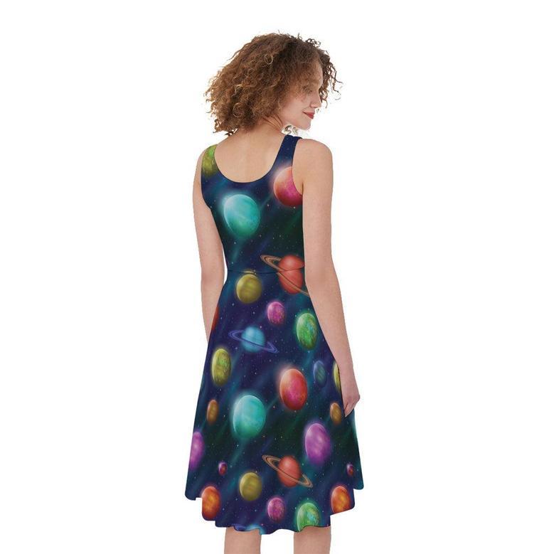 Fantastic Planets Pattern Print Sleeveless Knee Length Dress