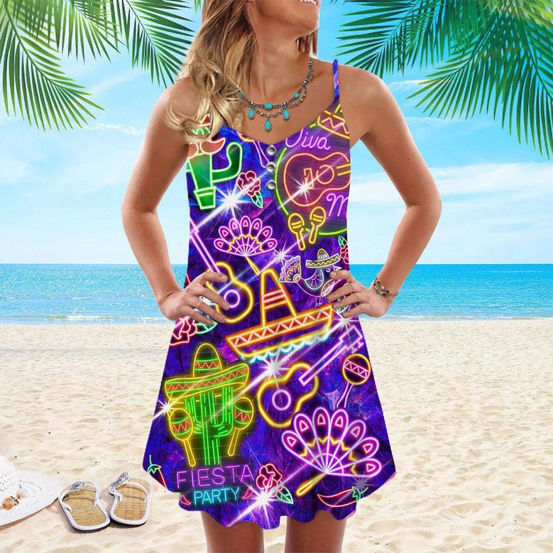 Fiesta Mexican Party Neon Spaghetti Strap Summer Dress