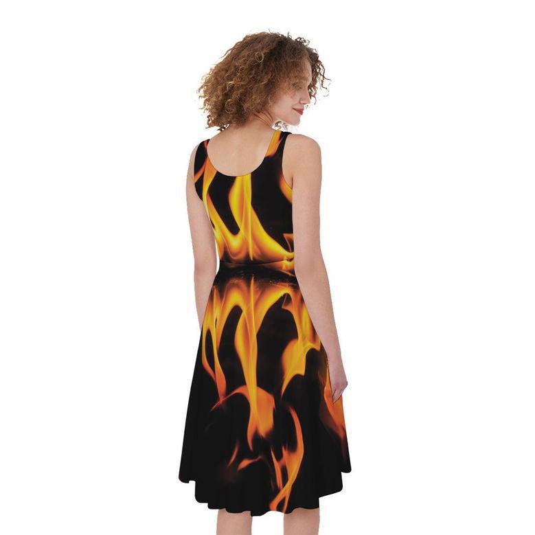 Fire Flame Burning Print Sleeveless Knee Length Dress